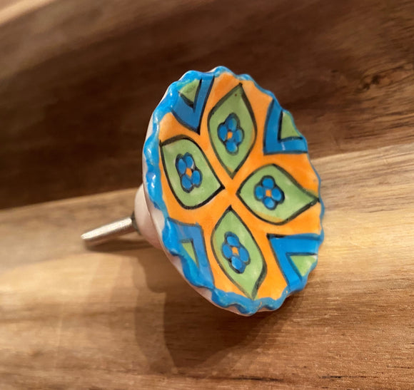 Blue, Green and Tangerine Floral Knob